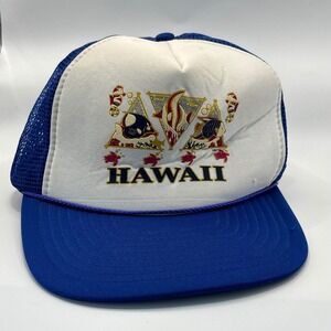 Vintage Trucker Hat Nissin Cap Blue White Hawaii Tropical Fish Puff Print